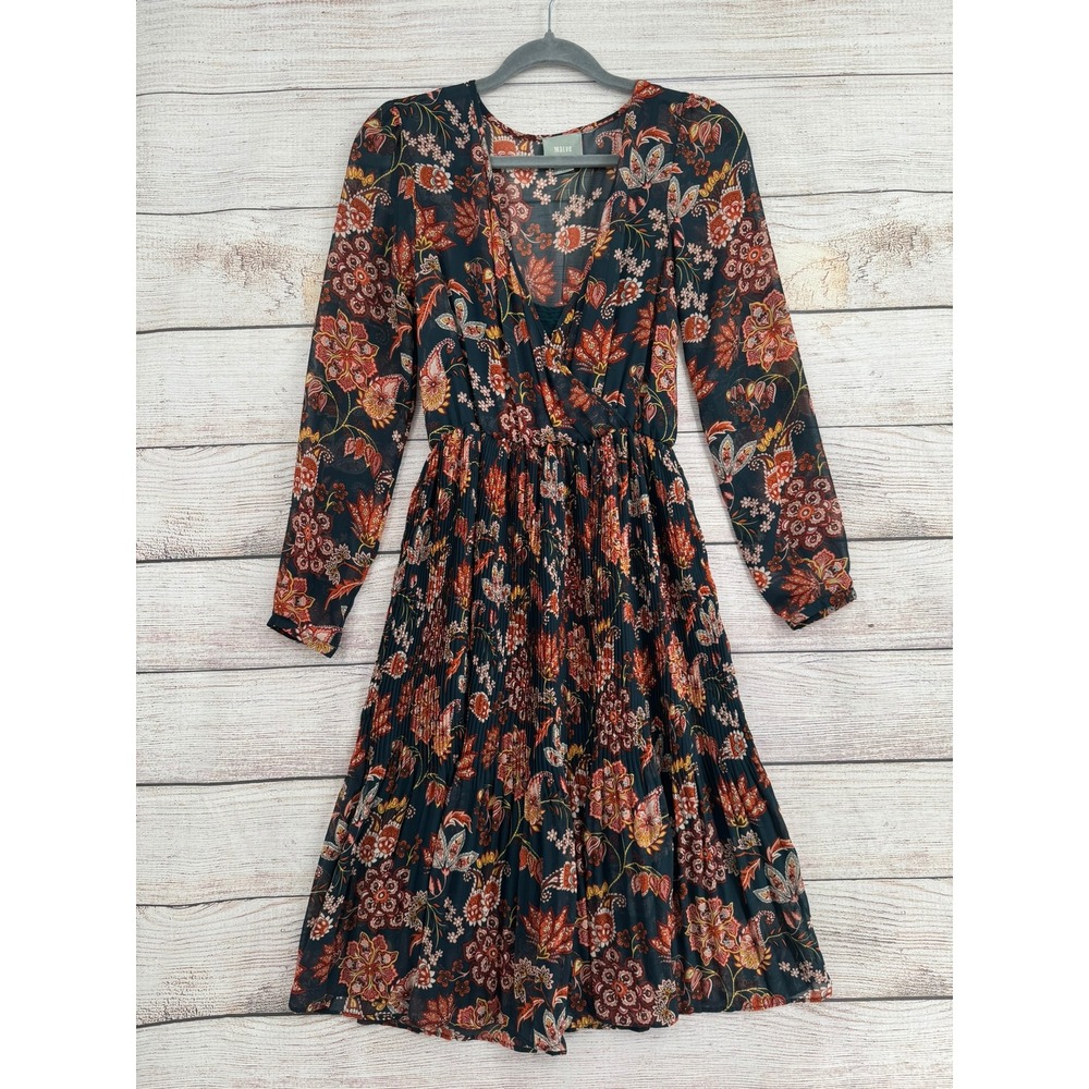 Maeve Pleated Midi Dress Womens Small Navy Orange Floral Paisley V-Neck